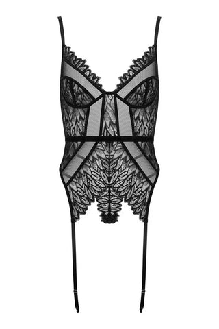 Μαύρος κορσές CO102 με διαφανές mesh και αφαιρούμενες ζαρτιέρες – flat lay μπροστά