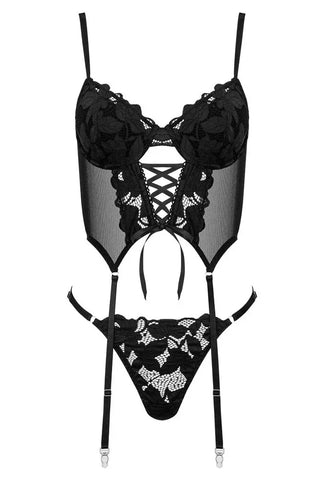 Μαύρος κορσές CO103 με αισθησιακό mesh και αφαιρούμενες ζαρτιέρες – flat lay μπροστά