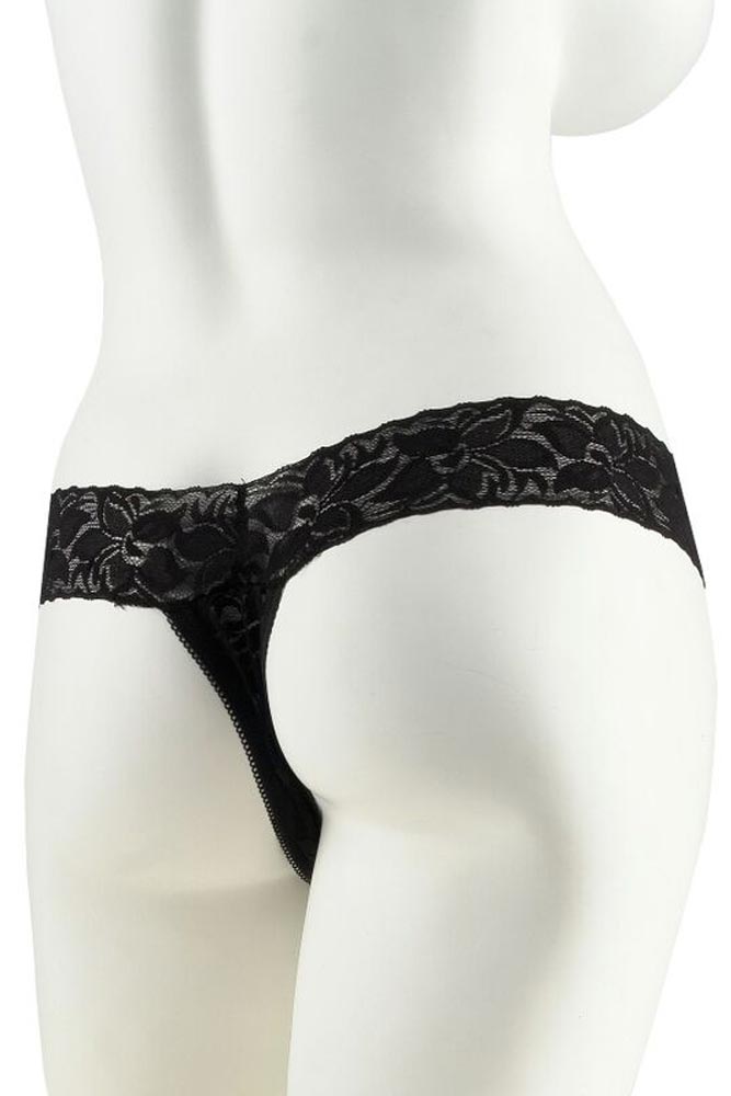 Λεπτομέρεια μαύρης δαντέλας με την ειδική εσωτερική θήκη για τον δονητή.