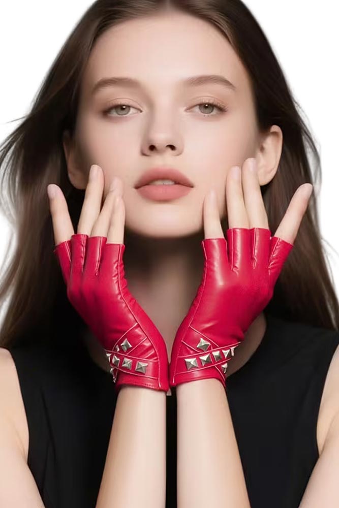 Κόκκινα γάντια δερματίνης χωρίς δάχτυλα – εμπρόσθια όψη