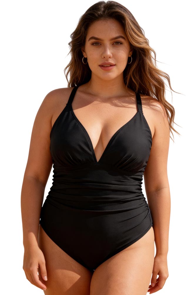 Κομψό ολόσωμο μαγιό σε μεγάλα μεγέθη με εφέ σμίλευσης