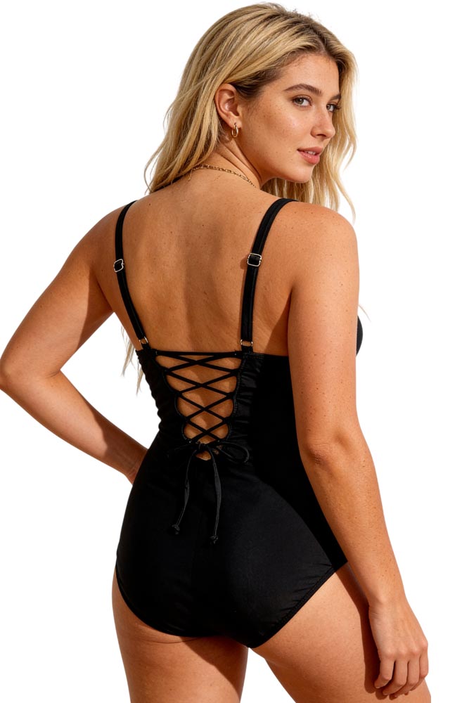 Πίσω όψη ολόσωμο μαγιό plus size με δέσιμο κορδόνι στην πλάτη