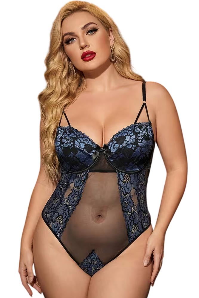 Plus Size γυναικείο κορμάκι με μπανέλα και μπλε δαντέλα e-string