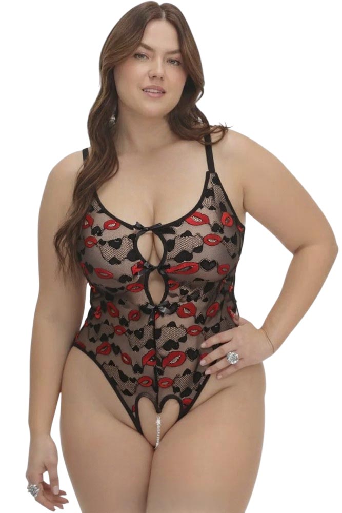 Plus Size Κορμάκι με Πέρλες στον Καβάλο – Ελαστικό Διάφανο Κορμάκι με Κόκκινα Χείλη