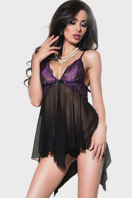 Video for Chilirose Σετ Babydoll & Στρινγκ Μαύρο με Μωβ Δαντέλα CR-4074