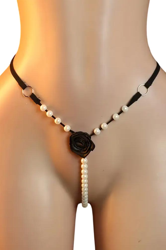 String με Μαργαριτάρια και Διακοσμητικό Λουλούδι – Μαύρο Σέξι Εσώρουχο