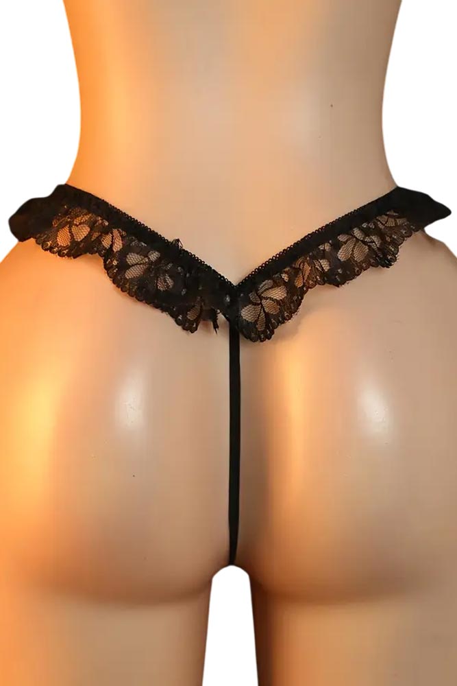 Στρινγκ με Πέρλες & Δαντέλα Μαύρο – Sexy Εσώρουχο με Τριαντάφυλλο πίσω όψη