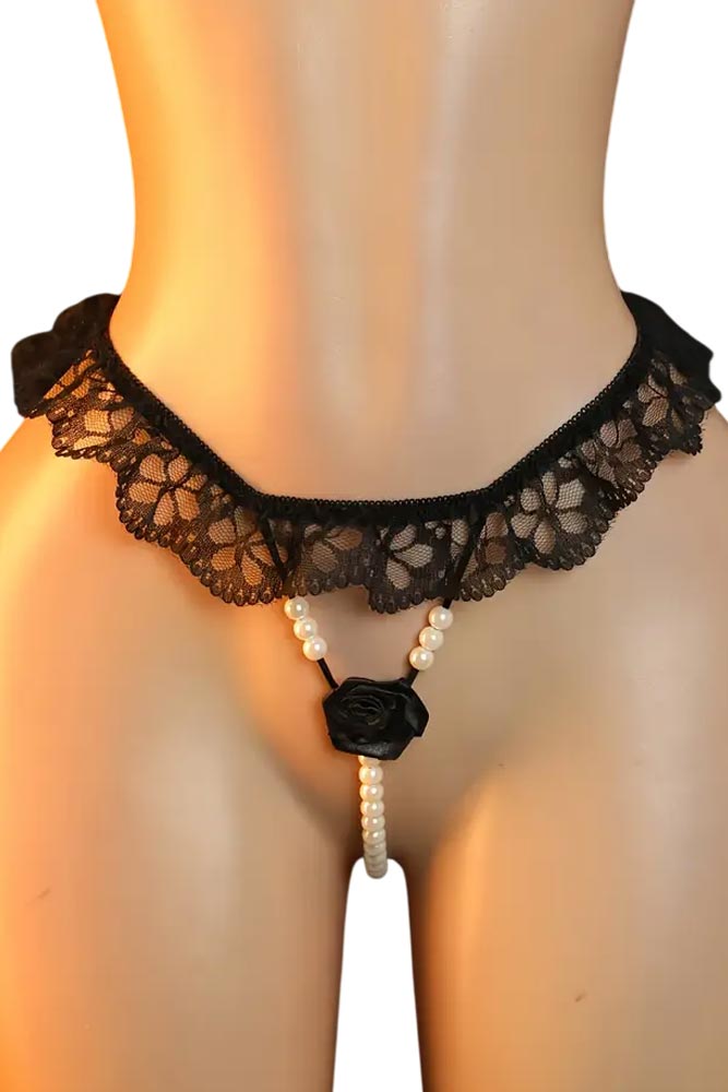 Στρινγκ με Πέρλες & Δαντέλα Μαύρο – Sexy Εσώρουχο με Τριαντάφυλλο