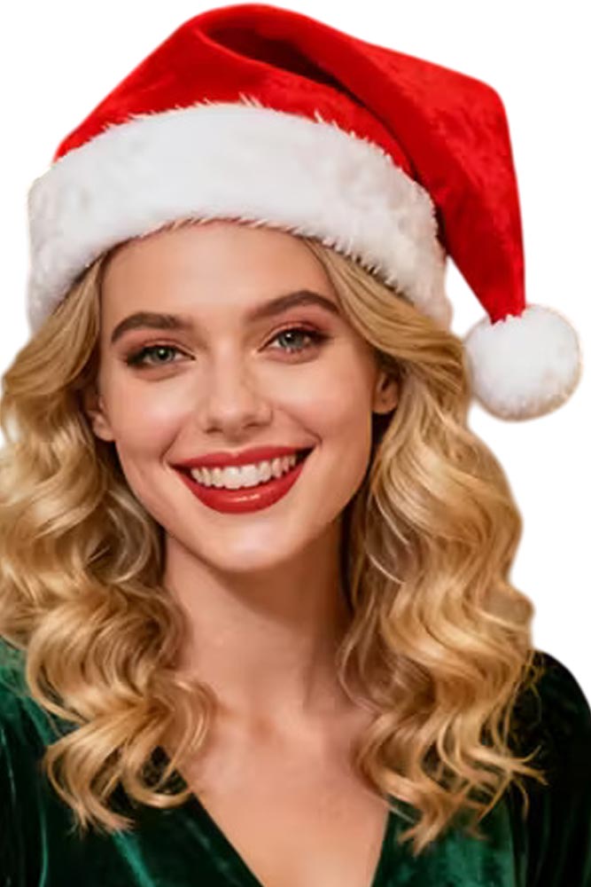 Γυναίκα που φοράει κόκκινο χριστουγεννιάτικο σκούφο με λευκό γουνάκι στο γείσο και πράσινο πουλόβερ