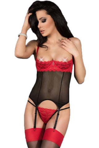 Chilirose - Γυναικείος κορσές - Chilirose Black-Red Lace Corset and String CR-3787-Red - E-string.gr