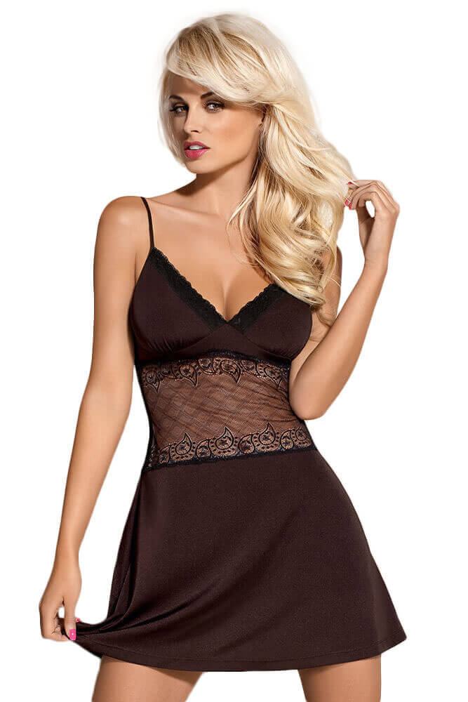 Obsessive - Γυναικείο Babydoll - OBSESSIVE LAMIA CHEMISE AND THONG BROWN OB7373 - E-string.gr