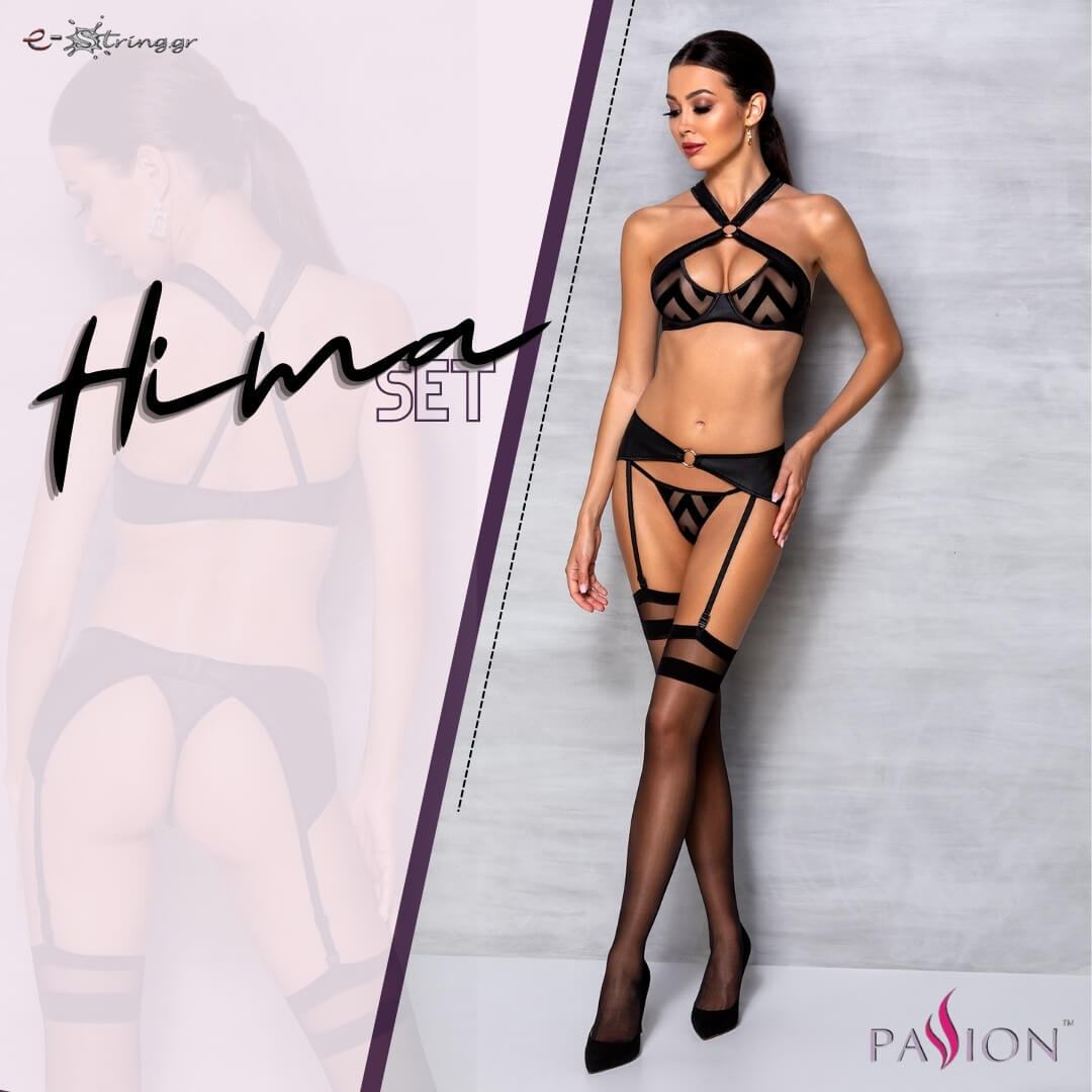 Passion - Γυναικείο σετ εσώρουχα - Passion Hima 3pcs Set Leather Μαύρο PE10381 - E-string.gr