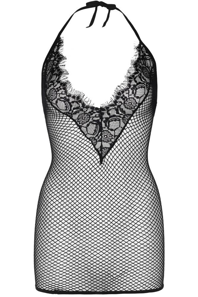 Leg Avenue - Μίνι Φορεματάκι - Eyelash lace & fishnet dress Μαύρο LG81508 - E-string.gr