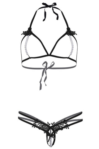 Leg Avenue - Γυναικείο σετ εσώρουχα - Leg Avenue Open cup bra and pearl panty Μαύρο LG81654-Black - E-string.gr